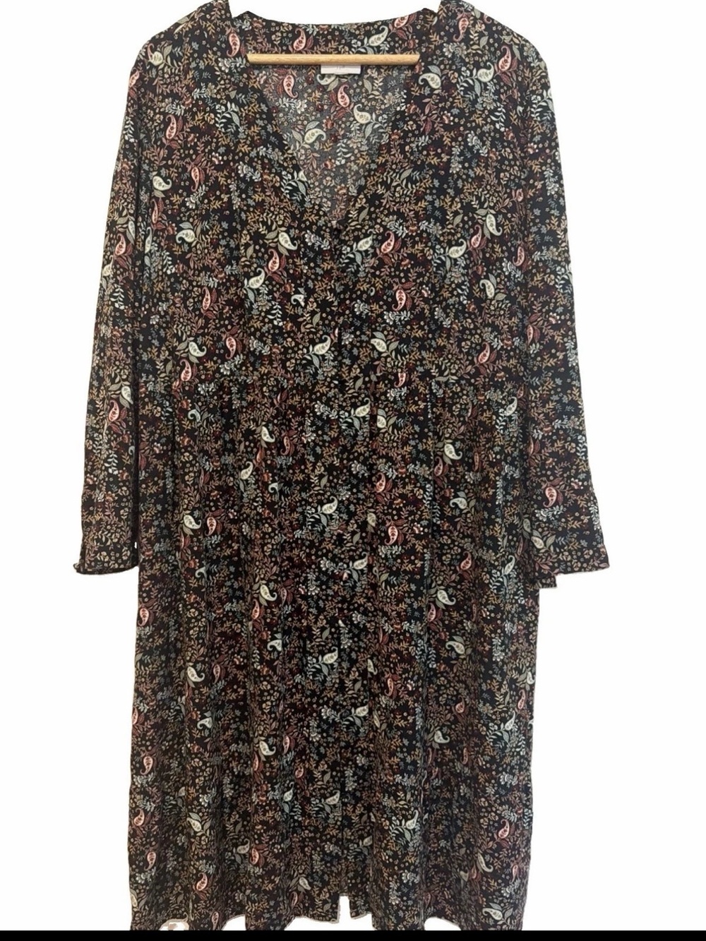 J. Jill Black floral  Paisley V-Neck Long Sleeve Midi Dress Relaxed boho Sz XL